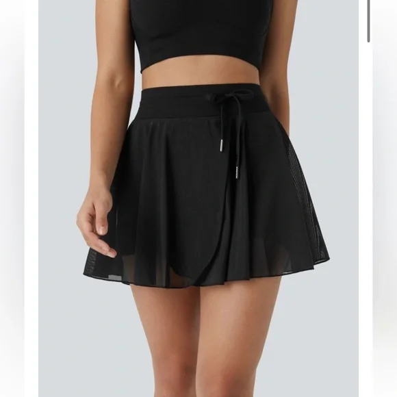 High Waisted Drawstring Contrast Mesh Flowy Mini Flare Casual Skirt/Skort - Picture 2 of 11